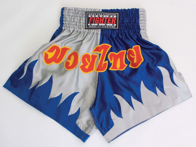 Тайские шорты «Fighter» сине-серые с надписью